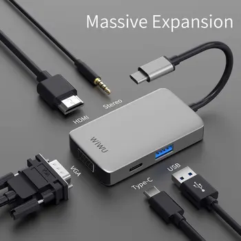 WIWU 5 в 1 USB-концентратор с несколькими Портами VGA-адаптера для MacBook Pro Type C Концентратор 3,5 мм Аудио USB-Разветвитель для Samsung Huawei USB-концентратор