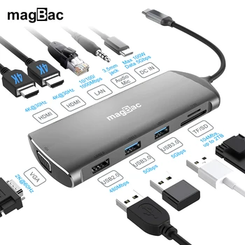 magBac 11-в-1 Многопортовый USB-концентратор Type C 4K Dual HDMI, VGA, Gigabit Ethernet, PD 100 Вт Док-станция Для Macbook Pro Air Xiaomi Huawei