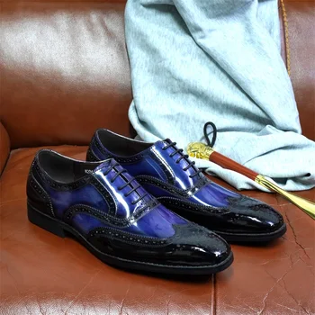 Мужские модельные туфли из натуральной кожи, Роскошные броги из гладкой лакированной Кожи на Шнуровке, Костюм для Выпускного Вечера, Офисные Оксфорды, Мужская Обувь