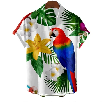 2023 Новая Мужская рубашка, Гавайская рубашка с принтом Фламинго Для мужчин, Модная Мужская одежда с коротким рукавом, Блузка Оверсайз с высоким воротником 5xl