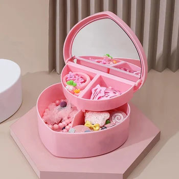 Коробка для хранения розовых сердечек для девочек с Зеркалом, Настольная Шкатулка для украшений, Коробка для хранения Сакуры, Звезды, Любви, Двойной чехол для хранения