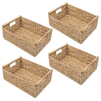 4X Маленьких плетеных корзинки для организации ванной комнаты, Корзины с гиацинтами для хранения, Плетеная корзина для хранения с деревянной ручкой