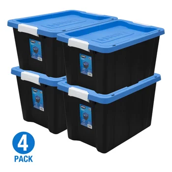 12-Галлонный Сверхмощный Пластиковый ящик для хранения с защелкой, Черное основание / синяя крышка, Набор из 4