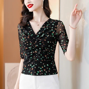 2023, летняя новинка, корейская модная Женская шифоновая рубашка с коротким рукавом и V-образным вырезом, Цветочный принт, Свободная повседневная блузка, женские топы T10