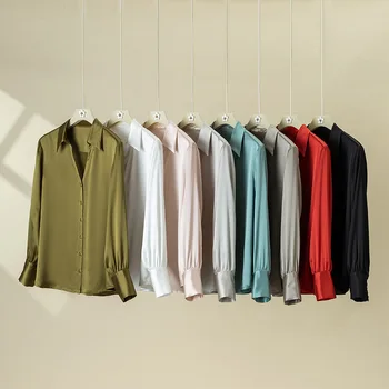Женская рубашка из эластичного креп-атласа, 100% Шелковая рубашка, Женская весенняя атласная блузка с V-образным вырезом и длинными рукавами из атласа, рубашка из шелка тутового цвета