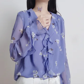 Женская Шелковая Блузка с V-образным вырезом и оборками во французском ретро-стиле Сиренево-Фиолетового цвета, Двухслойная Рубашка из шелка Тутового цвета