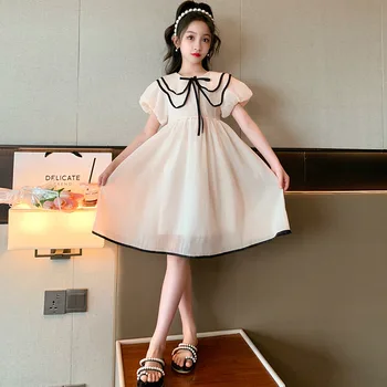 Шифоновое платье для девочек Cuhk 2023, новая мода, кукольный воротник, юбка принцессы, юбка для девочек, летняя юбка МИДИ