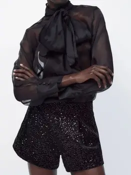 Летние женские черные плиссированные шорты с блестками на молнии и высокой талией, Модный уличный стиль для пожилых людей