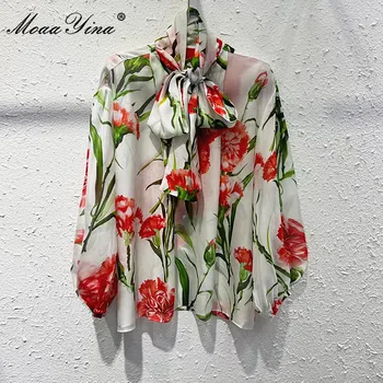 MoaaYina, модная подиумная весенне-осенняя шелковая блузка, женские рубашки с рукавом-фонариком и цветочным принтом