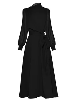 2023 Новое дизайнерское платье, Весеннее женское платье с диагональным воротником и рукавом-фонариком, Свободные шифоновые платья на шнуровке, однотонные платья