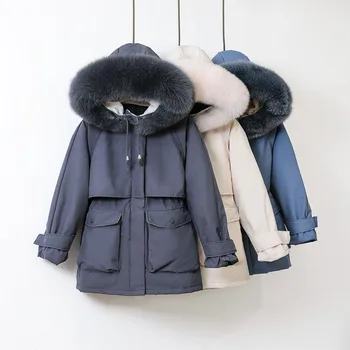 Толстые теплые парки, женская зимняя куртка, Большой натуральный мех, зимнее пальто с капюшоном и завязками на талии, Женская куртка, женская верхняя одежда