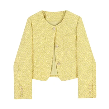 2023, Новый дизайн, Женская весенняя шерстяная куртка, Модное желтое короткое пальто с круглым вырезом, женский костюм S5478