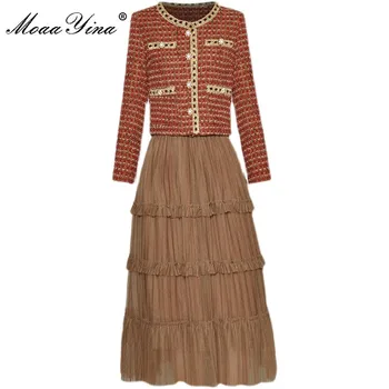 MoaaYina/ Модные дизайнерские осенние юбки, комплект из двух предметов, Женские красные твидовые куртки с длинными рукавами и сетчатые юбки, костюм