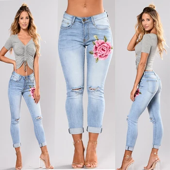 Стрейчевые джинсы с вышивкой для женщин, Эластичные джинсы в цветочек, Женские Тонкие джинсовые брюки, Рваные джинсы с рисунком Розы, Женские Панталоны