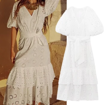 Elmsk Французское модное элегантное платье белого цвета с каскадом, хлопковое платье миди с полой вышивкой, женское платье