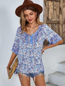2023, богемные блузки с коротким рукавом, женские топы на шнуровке с V-образным вырезом, летняя пляжная футболка с цветочным принтом, женская