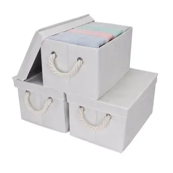 Корзины для хранения с крышкой и ручками из хлопчатобумажной веревки, Складная корзина для хранения, Белые, в бамбуковом стиле, 3 упаковки, Большие, 14,4x10,0x8,5 дюйма