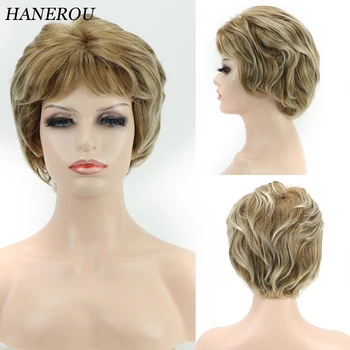 HANEROU Светлый Коричневый Смешанный Короткий парик, Синтетический Прямой Женский парик с натуральной пушистой стрижкой, для ежедневной вечеринки, косплея