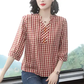 Модная асимметричная Клетчатая блузка с принтом, Женская одежда, Лето 2023, Новые Повседневные Пуловеры Оверсайз, Корейская рубашка