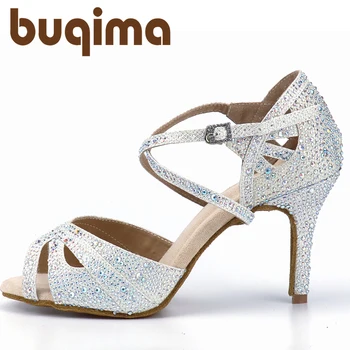 Туфли для Латиноамериканских танцев Buqima со стразами, туфли для бальных танцев Танго, женские Босоножки на высоком каблуке с мягкой подошвой, Свадебные туфли для женщин