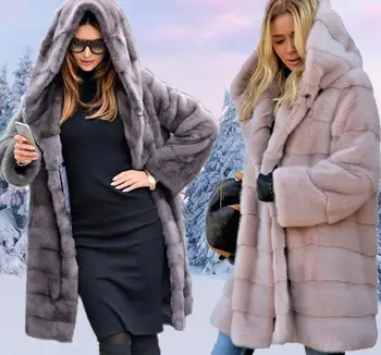 VOLALO Новый женский Мех 90 см, Женская одежда, Зимняя искусственная Экономичная норковая Шуба с капюшоном, роскошные поддельные меховые пальто
