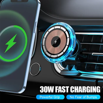 Автомобильное Беспроводное зарядное устройство Мощностью 30 Вт, Магнитный держатель для телефона, быстрая зарядка, вентиляционное отверстие, крепление для телефона со светодиодом Для iPhone 14 13 12 Pro Max Samsung