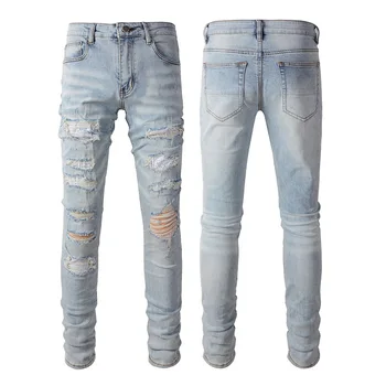 Качество 2023, роскошные брендовые мешковатые джинсы со стразами, синие Мужские джинсовые брюки с рваными дырками, уличная одежда для бойфренда, Бесплатная доставка