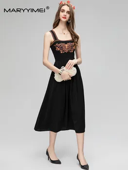 MARYYIMEI, Модное дизайнерское Летнее женское платье с бисером на тонких бретельках, Черные винтажные тонкие элегантные платья