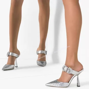 Блестящие тапочки с украшением в виде кристаллов, Однотонный Острый носок, Тонкий высокий каблук, без застежки, Модная Сексуальная женская обувь для летней вечеринки, Zapatillas Mujer