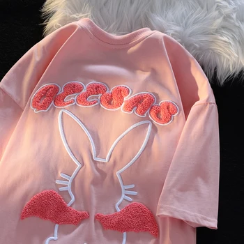 Милая Дизайнерская футболка с вышивкой в виде кролика и маленьких Крыльев, Женская Летняя новинка, Опрятный Флокированный Свободный Топ Y2k, Кавайные Футболки