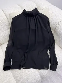 2023 весенняя женская новая шелковая рубашка с воротником-стойкой, модный темперамент, тонкая, для похудения, Элегантная, универсальная